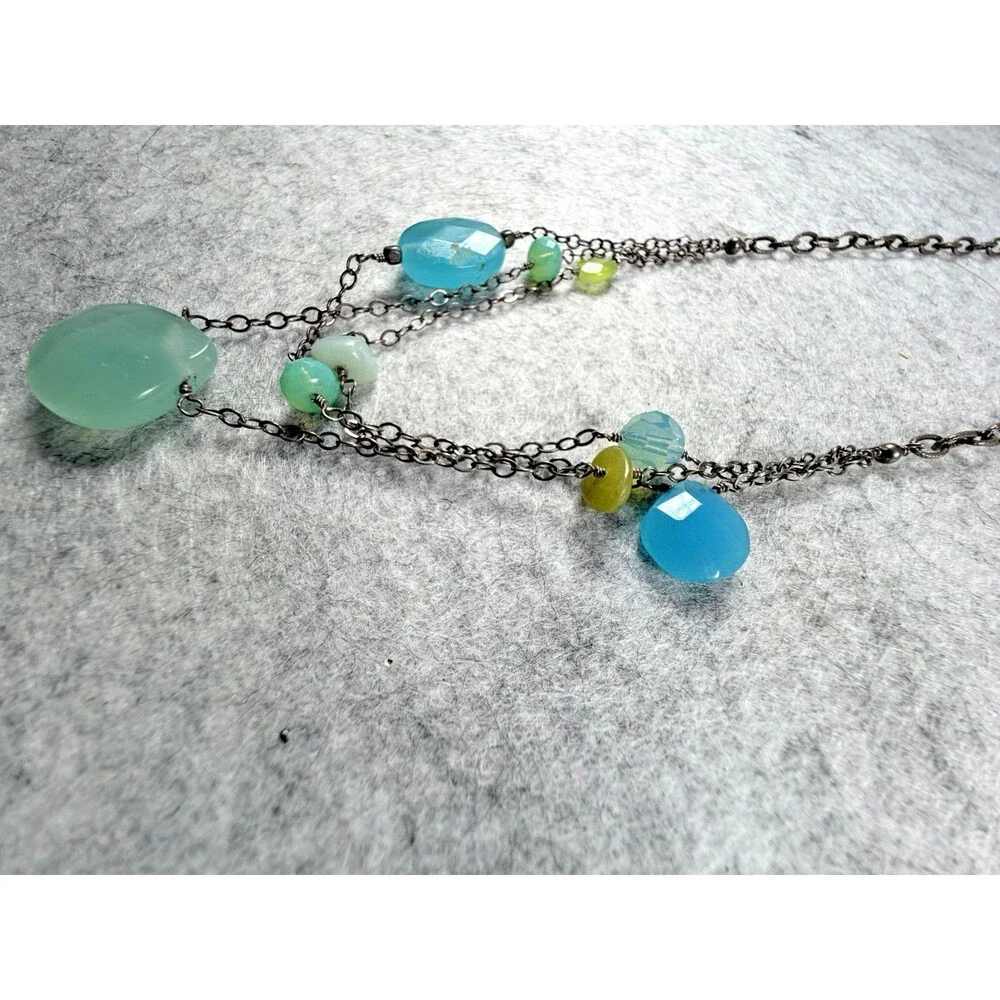 Vintage Y2K Boho Layered Chain Necklace Aqua Green Beads Artisan Statement